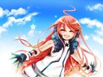  ahoge closed_eyes cuffs dress earmuffs eyes_closed gloves headphones long_hair miki miki_(vocaloid) open_mouth red_hair redhead sf-a2_miki sky smile solo star vocaloid yanagisato_ao 