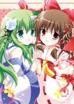  ascot bare_shoulders blush bow breasts brown_eyes brown_hair detached_sleeves flower frog green_eyes green_hair hair_bow hair_flower hair_ornament hair_tubes hakurei_reimu hand_holding hands_clasped holding_hands interlocked_fingers kochiya_sanae long_hair miko multiple_girls open_mouth smile snake touhou white-brown 