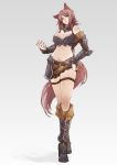  armor blush boots breasts brown_hair cleavage detached_sleeves fox_ears green_eyes hand_on_hip hips ian_olympia long_hair midriff navel original solo very_long_hair 