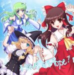  alha ascot blonde_hair blue_eyes blush bow braid breasts brown_eyes brown_hair english frog green_hair hair_bow hair_ornament hair_tubes hakurei_reimu hat holding_hands kirisame_marisa kochiya_sanae long_hair multiple_girls ribbon smile snake touhou witch witch_hat 