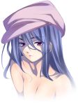  bare_shoulders blue_hair breasts brown_eyes copyright_request hat long_hair nude simple_background solo takesinobu 