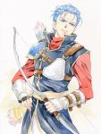  agahari arrow blue_eyes blue_hair bow_(weapon) bracer breastplate fingerless_gloves fire_emblem fire_emblem:_seisen_no_keifu gloves lester lester_(fire_emblem) long_sleeves male paint_(medium) quiver scowl single_glove solo traditional_media weapon 