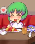  bad_id blush chibi closed_eyes cup drinking_glass eyebrows eyes_closed food green_hair hand_on_cheek hand_on_own_cheek hand_on_own_face hand_to_cheek hat hat_removed headwear_removed heart highres open_mouth plate shikieiki_yamaxanadu smile solo spoken_heart spoon straw suteinu_(stain) touhou 