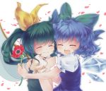  blue_dress blue_hair blush bow bust cherry_blossoms cirno closed_eyes daiyousei dress eyes_closed fairy_wars flower green_hair hair_bow hug iris_anemone multiple_girls open_mouth side_ponytail smile touhou wings 