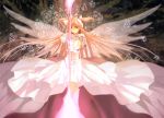  bow bow_(weapon) dress flower gloves goddess_madoka hair_bow kaname_madoka long_hair magical_girl mahou_shoujo_madoka_magica naked_cat pink_hair short_twintails signature solo spoilers twintails two_side_up ultimate_madoka weapon wings yellow_eyes 