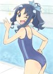  ;d alternate_hairstyle blue_eyes blue_hair hand_on_hip heartcatch_precure! hips kurumi_erika looking_back one-piece_swimsuit open_mouth ponytail pool precure satogo smile star swimsuit wink 