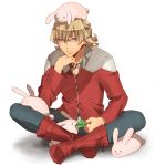  bad_id barnaby_brooks_jr belt blonde_hair blue_eyes boots bunny feeding glasses hand_on_chin hand_to_chin jacket leaf male murakami_yuzu rabbit red_jacket short_hair sitting solo studded_belt sunglasses tiger_&amp;_bunny too_many 