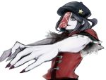  ame_tani beret black_eyes black_hair bust fang fingernails foreshortening geung_si hat jiangshi miyako_yoshika nail_polish ofuda outstretched_arms short_hair simple_background star touhou zombie_pose 