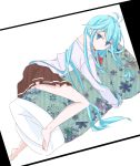  antenna_hair bare_legs bare_shoulders barefoot blue_eyes blue_hair bow breasts denpa_onna_to_seishun_otoko feet futon long_hair off_shoulder school_uniform skirt touwa_erio very_long_hair 