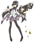  aiming akemi_homura bad_id black_hair boots bullet explosive foreshortening grenade gun hairband high_heels highres ku-ba long_hair magical_girl mahou_shoujo_madoka_magica outstretched_arm pantyhose pistol purple_eyes shield shoes simple_background smoke smoking_gun solo trigger_discipline violet_eyes weapon 