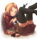  braid enri_granite forehead fractale grin gun kouzu_shou legs_up long_hair orange_eyes orange_hair rifle simple_background smile solo thigh-highs thighhighs topknot vignetting weapon zettai_ryouiki 