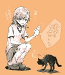  1girl cat hinato misaka_mikoto monochrome raised_hand school_uniform short_hair squatting to_aru_kagaku_no_railgun to_aru_kagaku_no_railgun_s to_aru_majutsu_no_index 