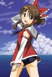  ascot ass bad_id blush bow brown_eyes brown_hair detached_sleeves hair_bow hair_tubes hakurei_reimu katou_haruaki looking_back no_pants open_mouth parody short_hair smile solo strike_witches swimsuit swimsuit_under_clothes touhou 