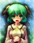  animal_ears blush breasts bust dress fang green_eyes green_hair hands_on_own_chest hands_to_chest hands_together highres homeless_mk_ii kasodani_kyouko large_breasts open_mouth short_hair solo tears touhou 