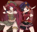  beret black_hair blue_eyes chinese_clothes fighting_stance geung_si hat hong_meiling jiangshi leg_garter long_hair midriff miyako_yoshika multiple_girls nail_polish navel no_panties ofuda panzer red_hair redhead short_hair side_slit simple_background skirt star thigh_strap touhou wristband 