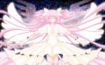  closed_eyes dress eyes_closed gloves goddess_madoka highres kaname_madoka light_smile long_hair mahou_shoujo_madoka_magica outstretched_arms pink_hair solo space sparkle spoilers spread_arms tetora twintails ultimate_madoka white_dress white_gloves wings 