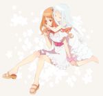  2girls alternate_hairstyle anjou_naruko ano_hi_mita_hana_no_namae_wo_bokutachi_wa_mada_shiranai barefoot brown_eyes closed_eyes dress eyes_closed feet honma_meiko hug hug_from_behind kai28 long_hair multiple_girls sandals white_dress white_hair 