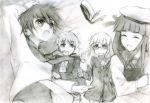  lynette_bishop miyafuji_yoshika monochrome multiple_girls no_legwear open_mouth perrine_h_clostermann strike_witches traditional_media uniform wind yamakawa_michiko 