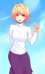  arcueid_brunestud blonde_hair breasts cloud clouds long_skirt misamaki_(pixiv295747) open_mouth pointing pullover purple_skirt red_eyes short_hair skirt sky smile solo tsukihime turtleneck type-moon 