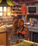  2girls apron blonde_hair book bowl brown_hair child curtains dress food gloves highres jar jewelry kitchen ladle minigirl mittens multiple_girls necklace original oven red_eyes shorts siblings spatula sunbeam sunlight television tura-09 wine 