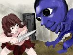  1girl ao_oni black_eyes braid brown_hair crossover door ears fighting highres knife long_hair madotsuki mayonaka_niji_sugi rough skirt the_oni_(ao_oni) twin_braids uboa weapon yume_nikki 