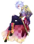  albino boots highres last_c male original red_eyes short_hair simple_background sitting solo sword weapon white_hair 