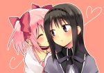  ^_^ akemi_homura black_hair blush bust closed_eyes hairband happy heart hijikini kaname_madoka long_hair magical_girl mahou_shoujo_madoka_magica multiple_girls pink_hair purple_eyes short_twintails simple_background smile twintails violet_eyes yuri 