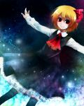 ascot black_legwear blonde_hair dress hair_ribbon itsuya outstretched_arms red_eyes ribbon rumia short_hair smile solo spread_legs the_embodiment_of_scarlet_devil thighhighs touhou youkai 