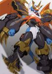  armor buckle cannon claws digimon digimon_adventure_02 glowing glowing_eyes horns imperialdramon_fighter_mode kazkazkaz monster no_humans red_eyes shoulder_pads solo sparks spikes tail white_hair wings 
