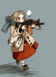  1girl akai_sashimi aks-74u assault_rifle bag blonde_hair coat gun hair_bun highres original rifle scarf simple_background skirt solo weapon 