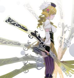  blonde_hair boots brown_legwear detached_sleeves drill_hair fingerless_gloves gloves gun hair_ornament hairpin hat knee_boots magical_girl magical_musket mahou_shoujo_madoka_magica moruga pleated_skirt profile puffy_sleeves ribbon rifle simple_background skirt thigh-highs thighhighs tomoe_mami twin_drills vertical-striped_legwear vertical_stripes weapon white_background yellow_eyes zettai_ryouiki 