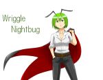  adult antennae belt breasts cape casual character_name cleavage collarbone dress_shirt green_eyes green_hair kieeyo pants shirt short_hair sleeves_rolled_up solo tomboy touhou unbuttoned vertical_stripes wriggle_nightbug 
