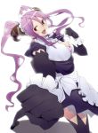  bra breasts demon_girl elbow_gloves gloves horns large_breasts lingerie long_hair maid_headdress monster_collection punching purple_hair red_eyes twintails underwear 