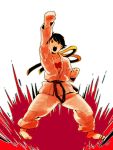  attack barefoot black_hair capcom dougi fighting_stance gi hamu_fukurou headband makoto open_mouth pose punching scarf short_hair solo sports_bra street_fighter street_fighter_iii street_fighter_iii:_3rd_strike 