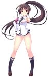  1girl armband brown_hair hand_on_hip km_(artist) long_hair necktie no_pants original panties pointing ponytail red_eyes simple_background solo underwear very_long_hair white_background 