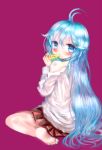  amii blue_hair blush denpa_onna_to_seishun_otoko eating food long_hair pizza sitting touwa_erio wariza 