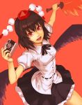  :d and black_wings brown_hair camera dress_shirt fan hat open_mouth red_eyes shameimaru_aya shirt short_hair simple_background skirt smile solo tokin_hat touhou wings 