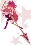  bare_shoulders boots chain detached_sleeves foreshortening grin long_hair magical_girl mahou_shoujo_madoka_magica moruga polearm ponytail red_eyes sakura_kyouko smile solo spear star thigh-highs thighhighs weapon 