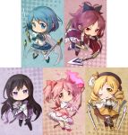  5girls akemi_homura beret boots brown_legwear detached_sleeves drill_hair fingerless_gloves gloves gun hair_ornament hairpin hat kaname_madoka kanan_(karehane) magical_girl magical_musket mahou_shoujo_madoka_magica miki_sayaka multiple_girls pantyhose pleated_skirt puffy_sleeves ribbon rifle sakura_kyouko shield skirt sword thighhighs tomoe_mami twin_drills vertical-striped_legwear vertical_stripes weapon wink zettai_ryouiki 