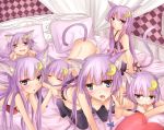  aqua_eyes blush bra canopy_bed cat_ears cat_tail catgirl clone crescent garter_belt kemonomimi_mode lingerie long_hair multiple_girls multiple_persona panties patchouli_knowledge purple_hair ram_hachimin sitting tail thigh-highs thighhighs touhou underwear underwear_only 