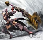  attack blue_eyes boots breasts character_request cleavage garter_straps garters gigginox_(armor) gloves monster_hunter monster_hunter_3 shorts switch_axe thigh-highs thigh_boots thighhighs weapon white_hair 