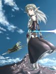  barefoot cloud clouds dragon elf hand_on_hip highres hips lance lens_flare long_hair looking_back original pale_skin pointy_ears polearm red_eyes silver_hair skirt sky solo ttomm weapon 