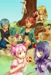  casual charlotte_(madoka_magica) greenheart highres kaname_madoka kyubey mahou_shoujo_madoka_magica miki_sayaka picnic picnic_basket sakura_kyouko shade tomoe_mami tree 