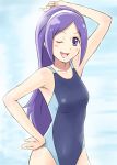  arm_up armpits blue_hair competition_swimsuit fresh_precure! fresh_pretty_cure! long_hair one-piece_swimsuit precure pretty_cure purple_hair satogo swimsuit wink 