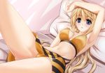  :o arm_up armpits bed bikini bikini_skirt blonde_hair blue_eyes blush breasts charlotte_dunois cleavage hand_to_chest infinite_stratos long_hair lying navel on_back open_mouth ponytail solo sweat swimsuit violet_eyes yukikaze-928 