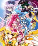  blonde_hair blue_hair cure_blossom cure_marine cure_moonlight cure_sunshine dark_precure flower green_hair hair_flower hair_ornament hanasaki_tsubomi hand_holding heartcatch_precure! holding_hands kurumi_erika magical_girl multiple_girls myoudouin_itsuki outstretched_hand pink_hair precure purple_hair takewakamaru tsukikage_yuri wink 