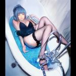  bad_anatomy bathroom bathtub black_dress blue_eyes blue_hair blurry bottle depth_of_field dress faucet fishnet_legwear fishnet_stockings fishnets from_above hair_up highres legwear lying moekyon on_back paintover panty_&amp;_stocking_with_garterbelt photoshop pouring realistic stocking_(character) stocking_(psg) thigh-highs thighhighs water water_bottle 