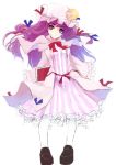  1girl book bow crescent crescent_moon hat loafers moon nanahara_fuyuki pantyhose patchouli_knowledge purple_eyes purple_hair shoes solo standing striped touhou white_legwear 