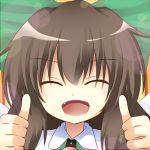  blush bow brown_hair cape closed_eyes cyanomirahi eyes_closed face fang hair_bow long_hair lowres open_mouth reiuji_utsuho smile solo third_eye thumbs_up touhou 
