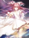  bad_id choker dress gloves goddess_madoka ibaraki kaname_madoka light_smile long_hair mahou_shoujo_madoka_magica outstretched_arm outstretched_hand pink_hair solo space spoilers thigh-highs thighhighs twintails ultimate_madoka white_dress white_gloves yellow_eyes 